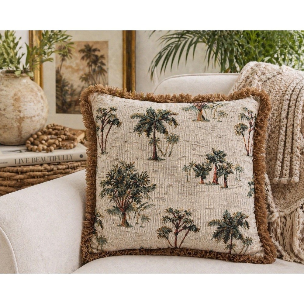 Palm Tree Tapestry Throw Pillow 17x17 Fringe Trim Tropical Coastal Boho Deco VTG